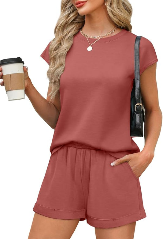 WIHOLL 2 Piece Sets for Women Casual Summer Travel Vacation Outfits Cap Sleeve Shorts Lounge Set by WIHOLL