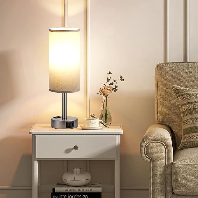 Fenmzee Grey Bedside Table Lamp for Bedroom - 3 Way Dimmable Touch Lamp USB C Charging Ports and AC Outlet, Small Lamp for Living Room, Desk, LED Bulb Included - Image 8