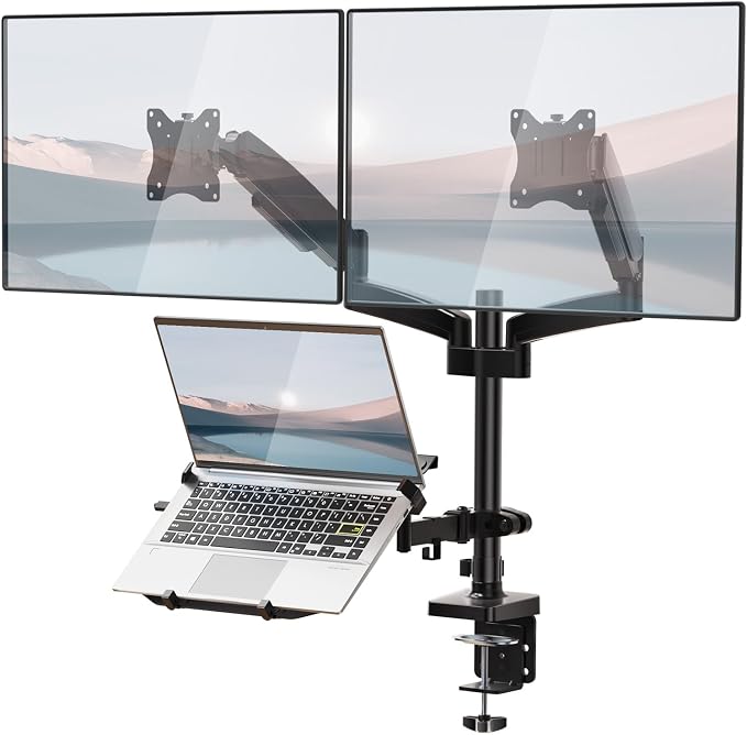 WALI Triple Arm Laptop and Dual Monitor Desk Mount for 17" Notebook and Up to 32" Screens, Adjustable Monitor Arms with Tilt Swivel Rotation, VESA 75x75 100x100, Black (GSDM003LP) by WALI