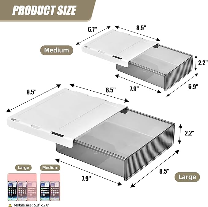 2Pcs Under Desk Storage Drawers Slide Out,Large&Medium, Stick On Desk Drawer Organizer Hidden Under Table Drawer for Home Office School Organization and Storage-Transparent Black - Image 5
