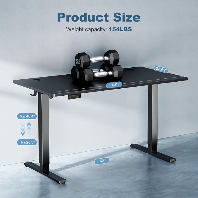 DUMOS 63 Inch Electric Standing Desk, Memory Adjustable Home Office Desk | Sit Stand Up Desk for Work Home Office,Adjustable Desk, Rising Computer Table with Splice Board,Cable Management,Hook,Black - Image 7