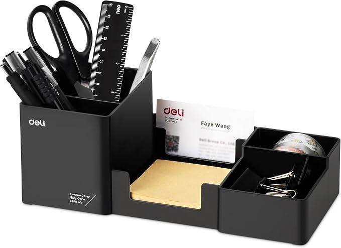 deli Desk Organizer, Plastic Desktop Organizer with Pencil Holder and Sticky Note Tray, Office Stationery Supplies Organizers Accessories Caddy, 6 Compartments, Black by delioffice
