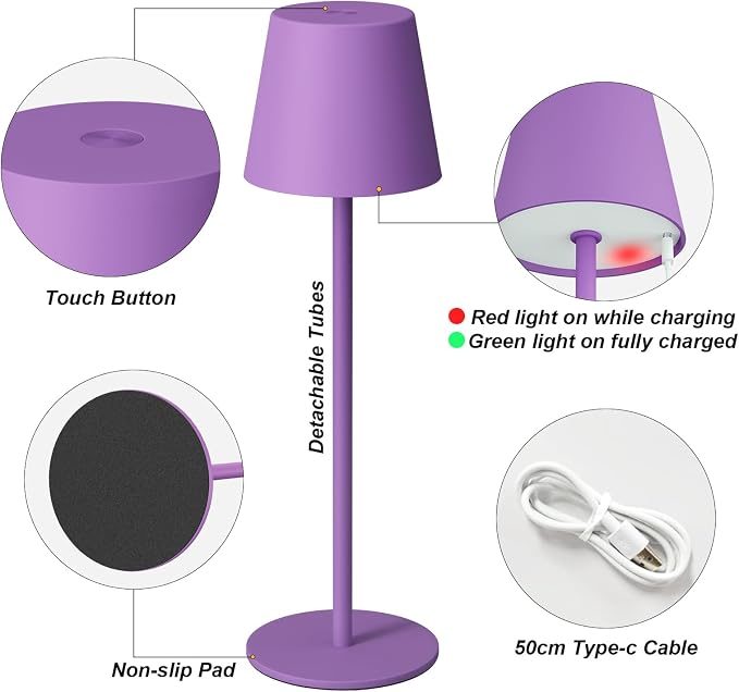 Kakanuo Cordless Table Lamp Rechargeable Purple - KK 2 Pack 5000mAH Battery Operated Lamp for Counter, 3 Color Stepless Dimming Wireless Lamp for Dining Kitchen, Outdoor Patio, Touch Control - Image 6
