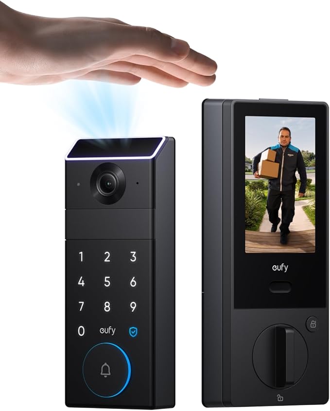eufy Security Smart Lock FamiLock S3 Max with Palm Vein Recognition, Keyless Entry Front Door Lock, Wi-Fi Keypad Deadbolt+ 2K HDR Doorbell Camera, 16GB Built‑in Storage, BHMA 1, Rear Lock Video Screen by Unknown