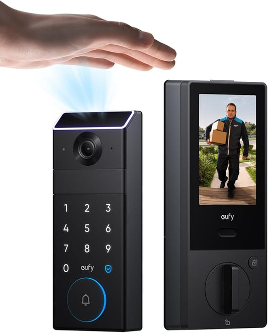 eufy Security Smart Lock FamiLock S3 Max with Palm Vein Recognition, Keyless Entry Front Door Lock, Wi-Fi Keypad Deadbolt+ 2K HDR Doorbell Camera, 16GB Built‑in Storage, BHMA 1, Rear Lock Video Screen by Unknown