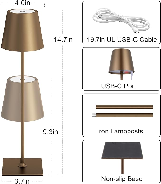 Kakanuo Brown Cordless Rechargeable Table Lamp 5000mAh Battery Operated Lamps, 3 Colors Stepless Dimming Touch Lamp for Living Room, Kitchen Counter, Dining, Outdoor Patio, 2 Pack - Image 5
