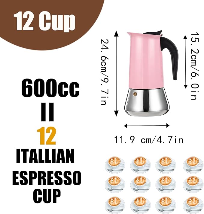 12 Cup Stovetop Espresso Maker Stainless Steel Moka Pot Stove Top Percolator Italian Coffee Makers Capable Mocha Greca Machine Cafe Classic Induction Cookers for Home and Camping 600ml 20oz - Image 2