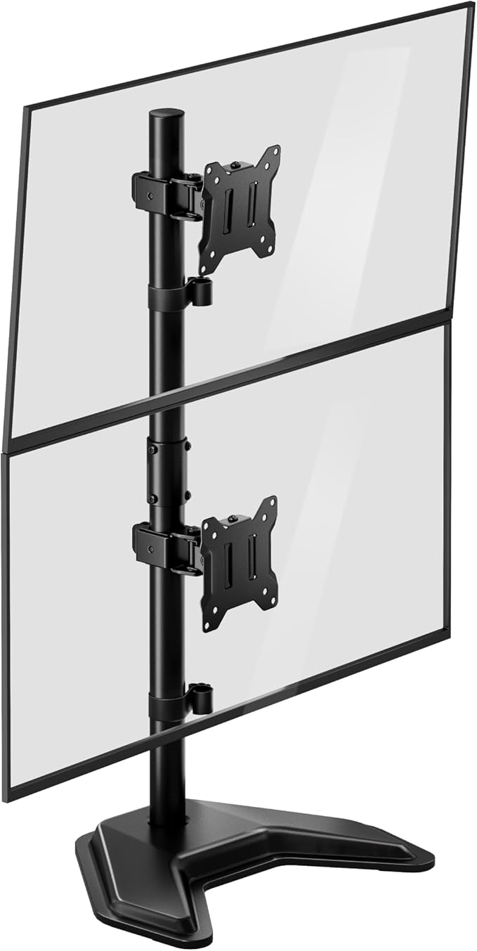 monTEK Freestanding Stacked Dual Monitor Stand for 17-32", 22 lbs Each | Solid V-shaped base, vertical dual-screen full-motion arms, height adjustment, tilt, swivel, rotation and VESA 75/100 by monTEK