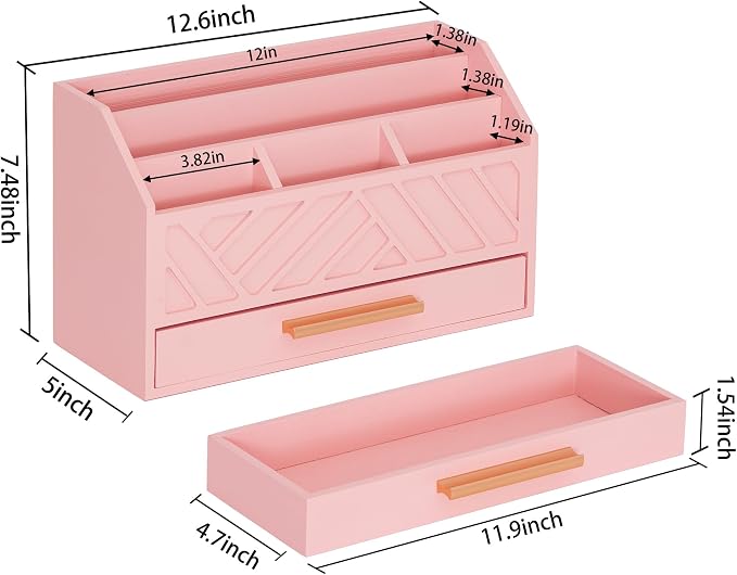 dreampossible Pink Wood Desk Organizer and Accessories with Drawer, Bill Mail Organizer and File Mail Holder for Office Supplies, Modern Desk Accessories & Workspace Organizers for Desk Organization - Image 6