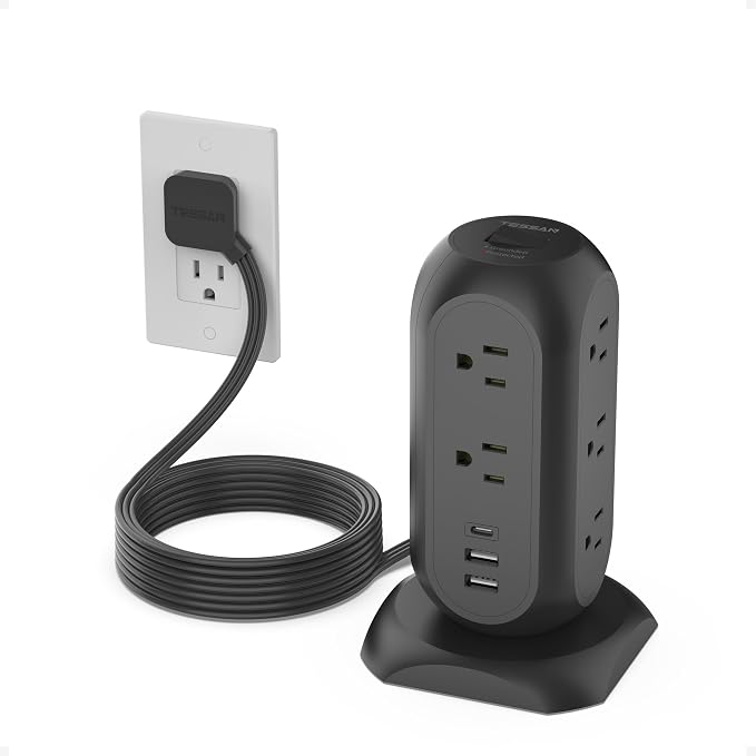 TESSAN Tower Power Strip Flat Plug with 1050J Protection, 10 Ft, Black | 11 Outlets 3 USB (1 USB C), Surge Protector Power Tower, Extension Cord with Multiple Outlets, Dorm, Office Desk Supplies by TESSAN