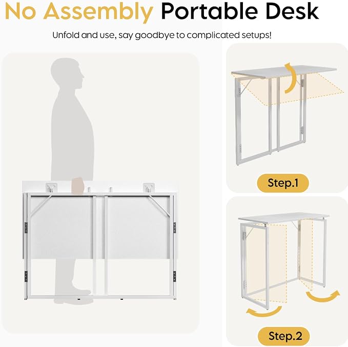 alawooder 39.4" Folding Desk: No Assembly, Wood Top for Small Spaces | 39.4 in dual-monitor workspace, holds 150 lbs, folds flat to 2.3 in, splash-proof top, home office or gaming - Image 7