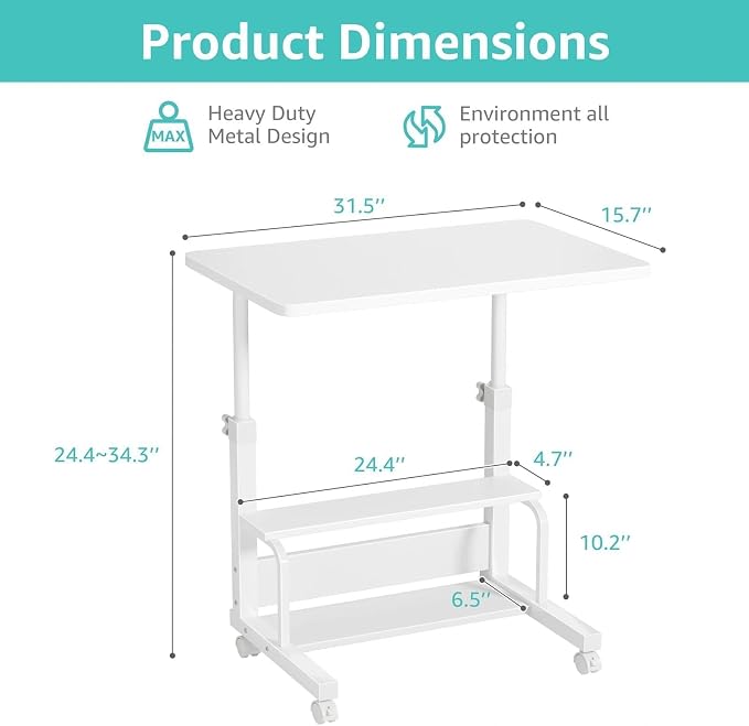 WINAZ Small Portable Laptop Rolling Desk - 32" Mobile Kids Desk with Wheels for Small Spaces, White，31.5" - Image 3