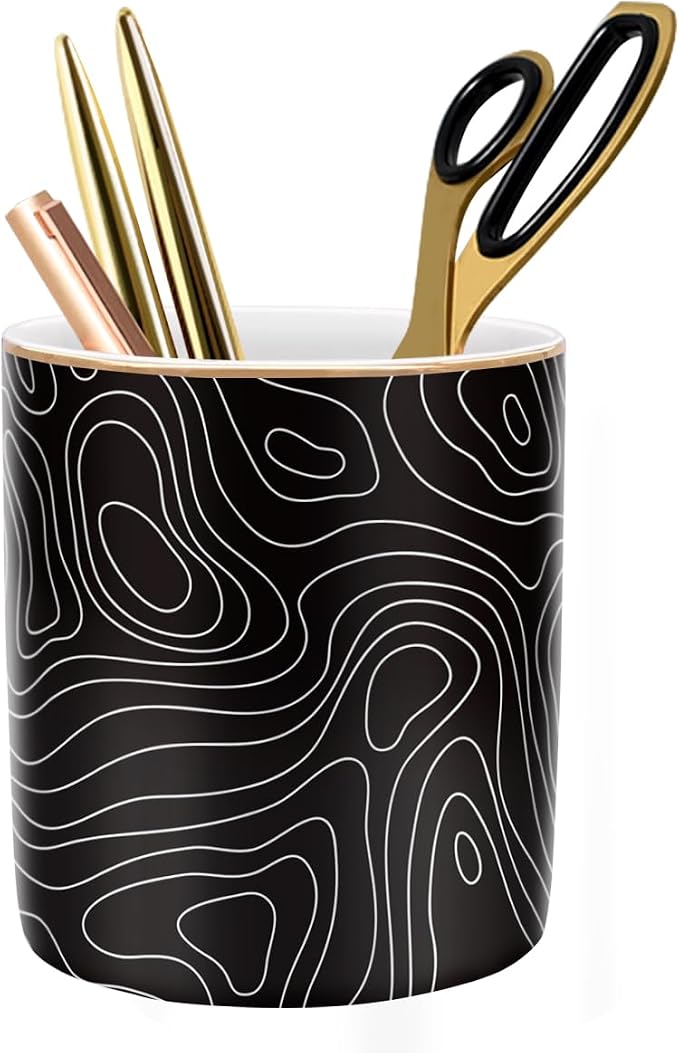 Large Capacity Pen Holder, Pencil Cup for Desk, Cute Makeup Brush Holder, Durable Ceramic Organizer Decor for College, Office, Classroom, Abstract Geometric Pattern by WAVEYU