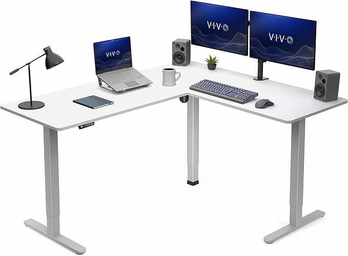 VIVO White 63 x 55 in Corner Standing Desk, DESK-E3CTGW | Electric, Reversible L-Shaped Table, Sit Stand, Height Adjustable, Memory Controller, Office Furniture Sets, Gray Frame by Unknown