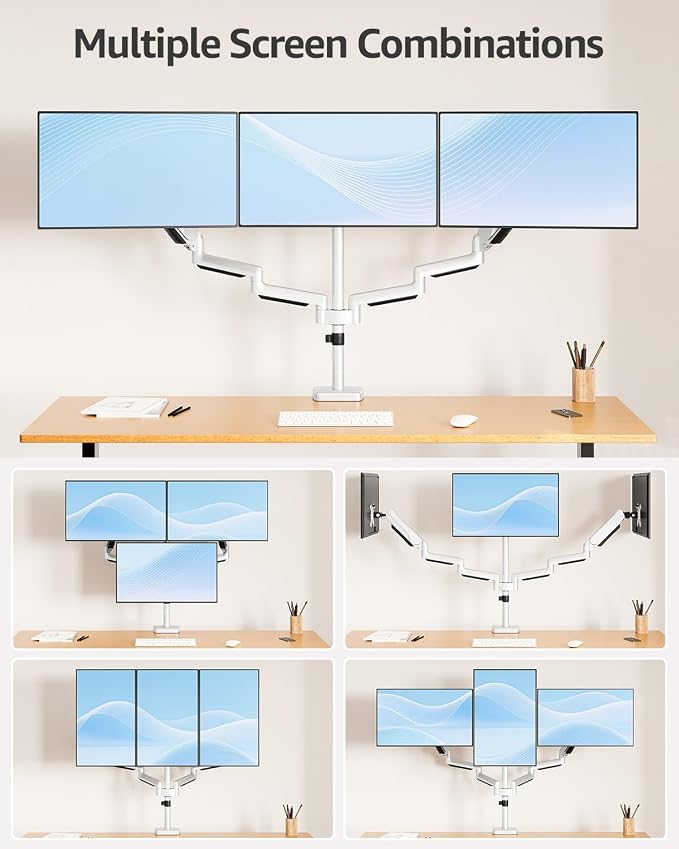 MOUNTUP Triple Monitor Stand Mount - 3 Monitors Desk Mount for Computer Screens Up to 27 inch, Triple Monitor Arm, Heavy Duty Monitors Stand, Each Arm Holds 4.4-19.8 lbs, White - Image 5