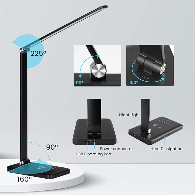 LED Desk Lamp with Night Light, Fast Wireless Charger, USB Charging Port, 10 Brightness, 5 Color Modes, Dimmable Bedside Table Lamp for Bedroom, Touch Control, Auto Timer, 1200Lux Super Bright - Image 5