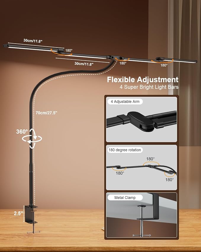 Desk Lamp Clamp Light 24W, Ultra Wide 4 Head Bars, 5 Color Modes Dimming, Multi-Screen Setup for Office, Architect, Black, Aluminum, Adapter Included - Image 5
