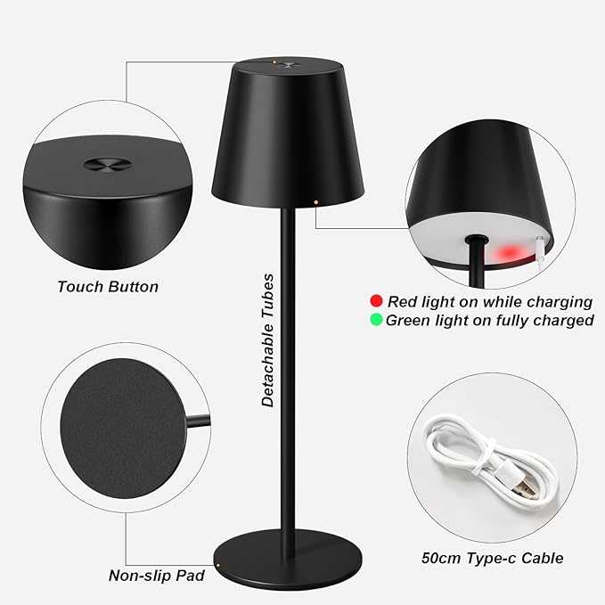Kakanuo Cordless Table Lamp Rechargeable Black - KK 2 Pack 5000mAH Battery Operated Lamp for Counter, 3 Color Stepless Dimming Wireless Lamp for Dining Kitchen, Outdoor Patio, Touch Control - Image 5
