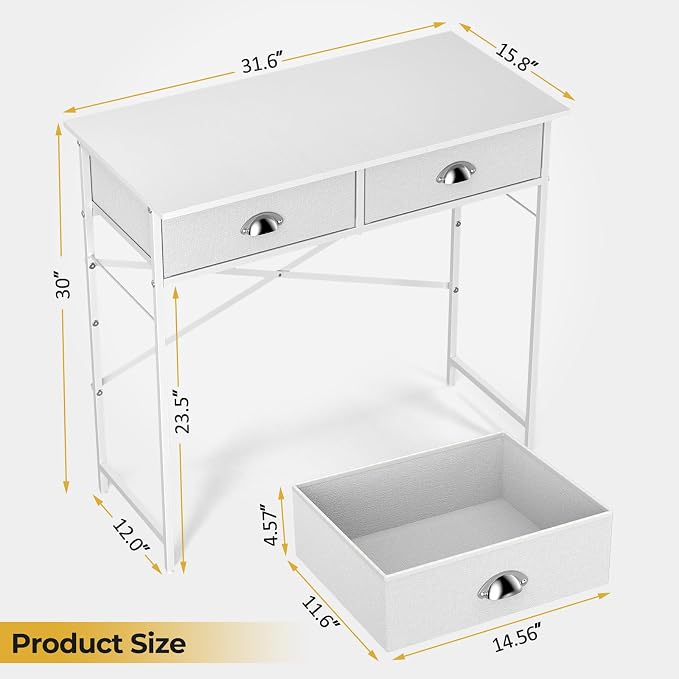 DAOUTIME Small Writing Desk for Kids Bedroom, 31.5 Inch Small Computer Desk for Small Spaces, Simple Desk with 2 Fabric Drawers for Home Office, Dorm, Living Room, Home Study Table, White - Image 2
