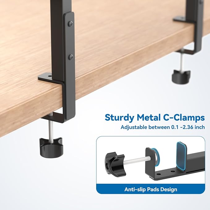 KDD Clamp On Desk Organizer - Adjustable 2-Tier Above or Under Desk Shelves with Large Capacity Tray, Phone & Tablet Holder, Headphone Hook - No Drilling Desktop Storage for Office & Home Accessories - Image 5