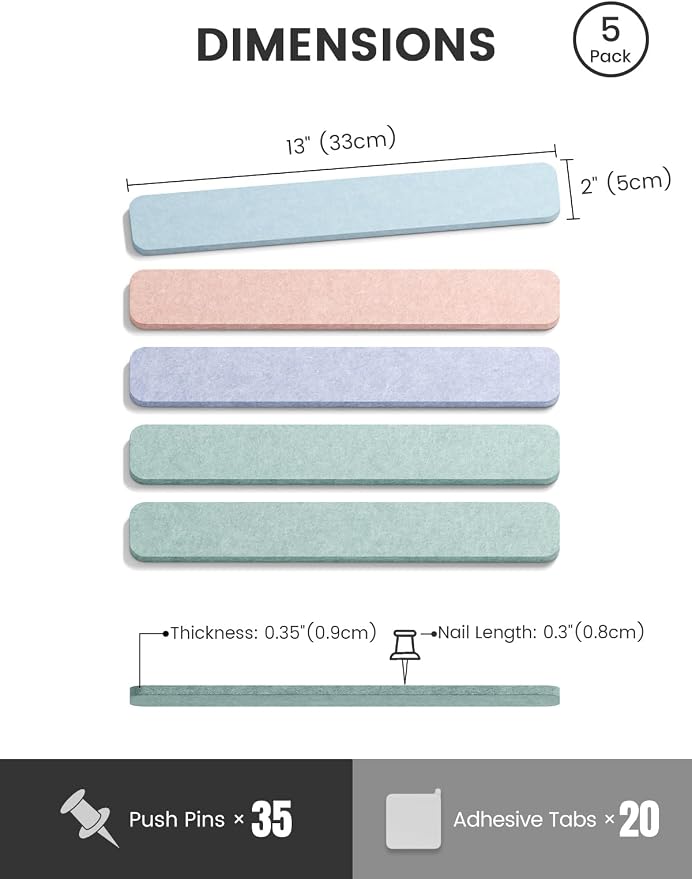 Fluxynara 13" x 2" Felt Wall Panels, Coastal Haze | 5-Pack Cork Board Alternative with 35 Push Pins, Adhesive Mounting for Bedroom Door or Home Office - Image 2