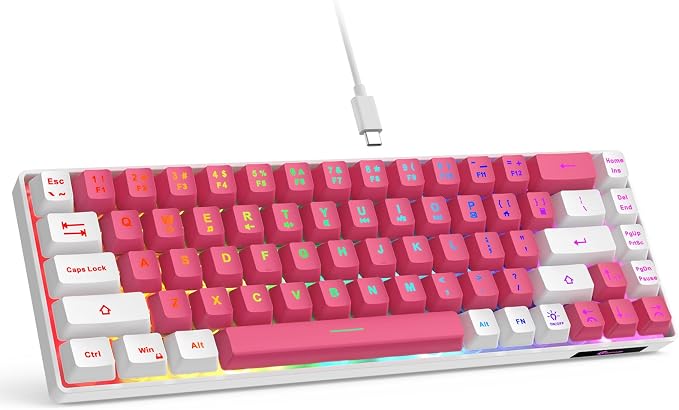 GEODMAER 65% Gaming Keyboard, LED Backlit Mini Wired Keyboard, Ultra-Compact Anti-Ghosting No-Conflict 68 Keys Membrane Gaming Wired Keyboard for PC Laptop Windows Gamer(Pink-White) by GEODMAER