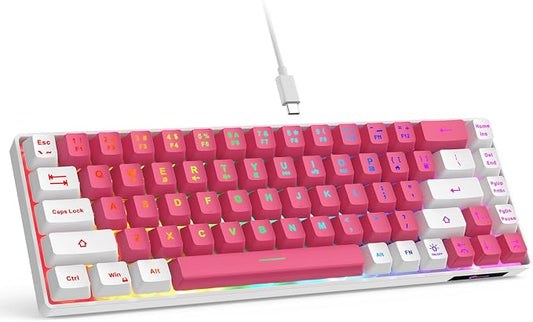 GEODMAER 65% Gaming Keyboard, LED Backlit Mini Wired Keyboard, Ultra-Compact Anti-Ghosting No-Conflict 68 Keys Membrane Gaming Wired Keyboard for PC Laptop Windows Gamer(Pink-White) by GEODMAER