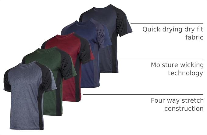 5 Pack Men's Dry Fit Short Sleeve T-Shirt Gym Workout Athletic Running Tee | Cooling, Moisture-Wicking, Crew Neck, Quick-Dry, Breathable, Active, Exercise, Fitness, Basketball, Cycling, Hiking, Tennis - Image 4