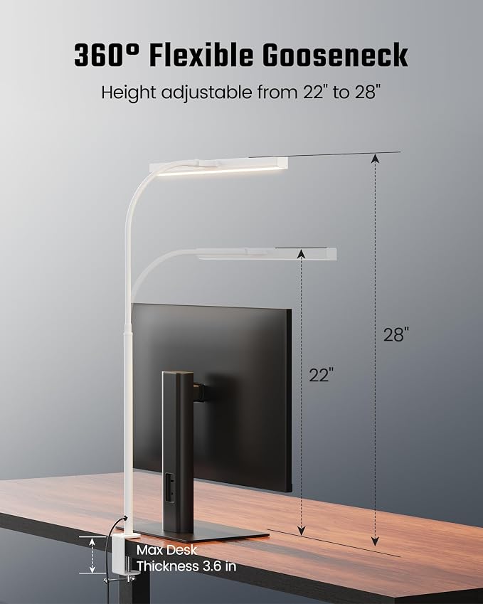 SUPERDANNY LED Desk Lamp for Home Office, Eye-Caring Desk Light with Adjustable Gooseneck, 12W Touch Control Dimmable Brightness, Architect Clamp Lamp with USB Adapter, White - Image 7