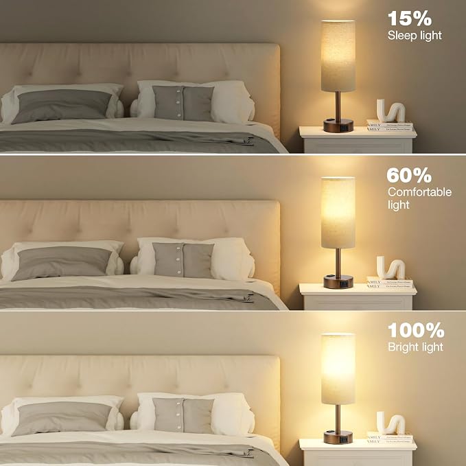 Fenmzee Brown Bedside Table Lamp for Bedroom - 3 Way Dimmable Touch Lamp USB C Charging Ports and AC Outlet, Small Lamp Round Flaxen Fabric Shade for Living Room, Desk, LED Bulb Included - Image 4