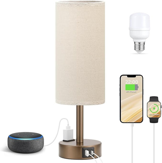 Fenmzee Brown Bedside Table Lamp for Bedroom - 3 Way Dimmable Touch Lamp USB C Charging Ports and AC Outlet, Small Lamp Round Flaxen Fabric Shade for Living Room, Desk, LED Bulb Included by Fenmzeelighting