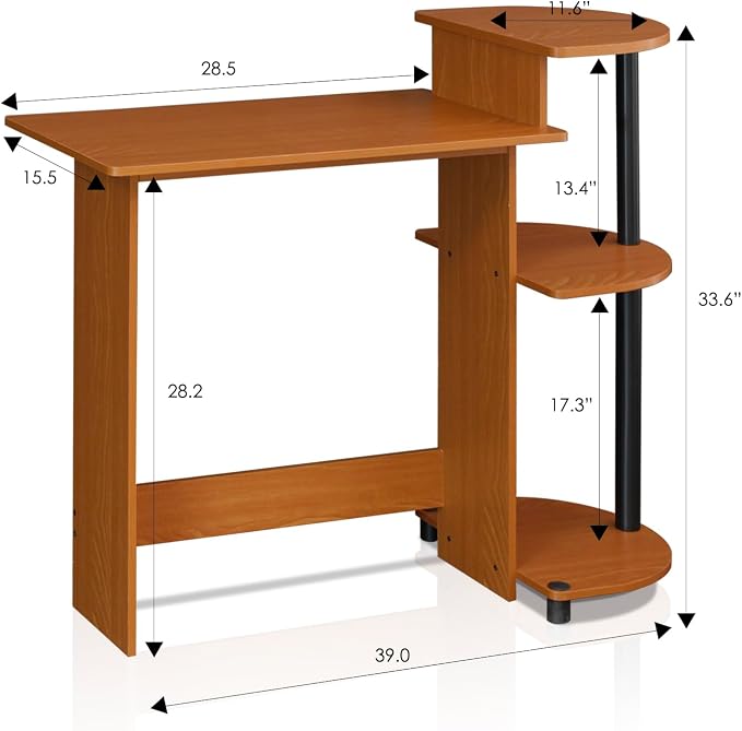 Furinno Compact Computer Desk with Shelves, Round Side, Light Cherry/Black - Image 3