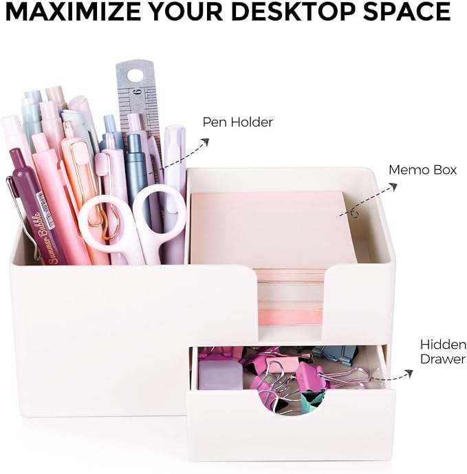 SKYDUE Small Desk Organizer with Drawer | 3 Compartments, Pen Holder for Desk, For Home, School, Office & College Dorm Room - Image 2