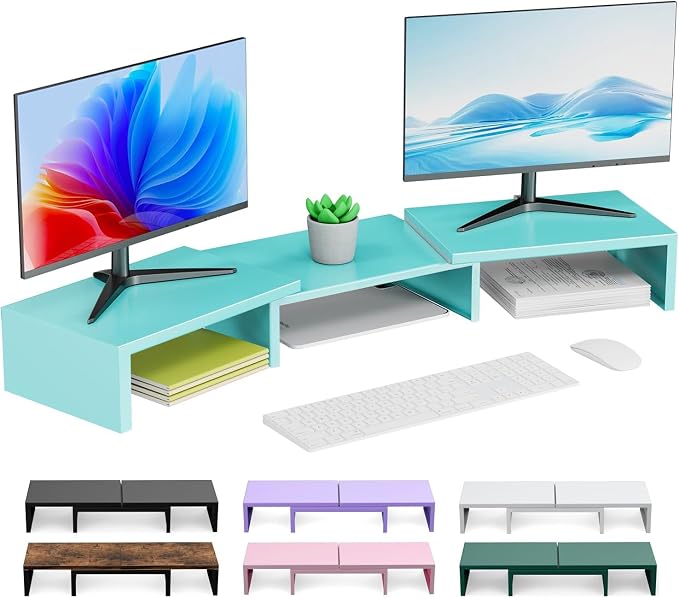 Dual Monitor Stand for Desk, Metal Computer Stand, Desk Shelf Riser,Desktop Organizer for Home and Office Use (Blue) by OUTIOE