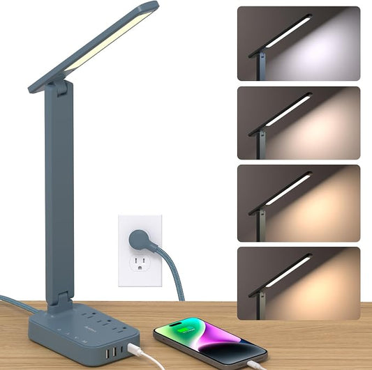 Addtam LED Desk Lamp, Power Strip with 3 Outlets 4 USB Charging Ports(2 USBC), 4 Modes 5 Level Brightness Touch Lamp, Small Desk Lamp for Home Office College Dorm Room Essentials, Blue by Addtam