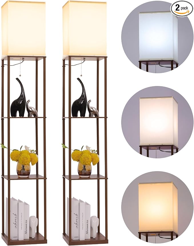 Gupuzm Floor Lamp with Shelves, Modern Square Standing Lamp with 3 Color Temperature Bulb, Corner Display Bookshelf Lamp for Living Room, Bedroom and Office(Brown-2 Pack) by GUPUZMproducesandsellslamp