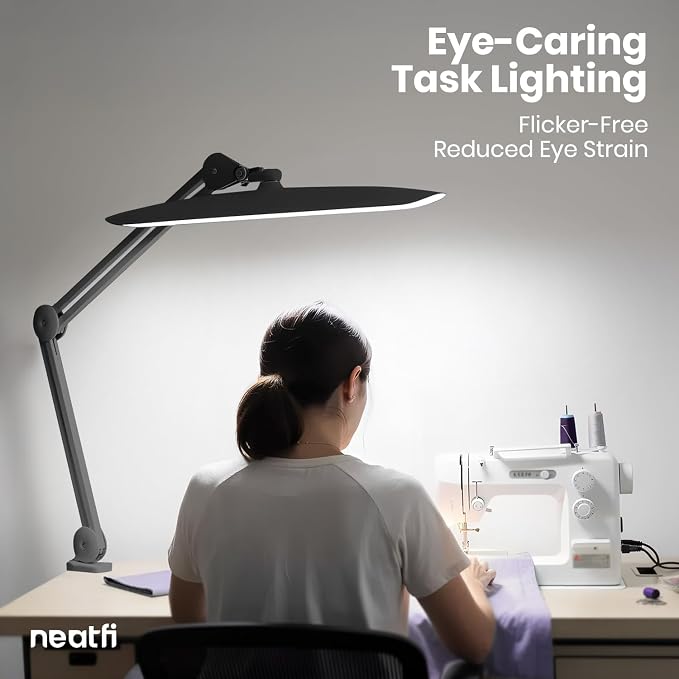 Neatfi XL 2200 Lumens 24W LED Desk Lamp – Shadow-Free Task Lighting | 4-Level Dimming | Home Office & Crafts Use | 20-Inch Wide Head (Space Gray, Non-CCT with Clamp) - Image 3