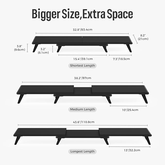 loukin Dual Monitor Stand Riser for Desk, 43.6"*8.2"*3.2" Large Computer Stand for 2 Monitors, Laptop, Printer, Length and Angle Adjustable Computer Shelf, Home Office,Max 43.6" Length(Black) - Image 4