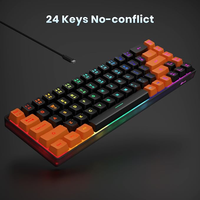 GEODMAER 65% Gaming Keyboard, LED Backlit Mini Wired Keyboard, Ultra-Compact Anti-Ghosting No-Conflict 68 Keys Membrane Gaming Wired Keyboard for PC Laptop Windows Gamer(Black-Orange) - Image 5