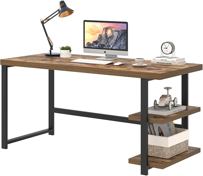 EXCEFUR Modern Computer Desk, Home Office Desk with Storage Shelf, Wood Study Writing Table Workstation for Bedroom Living Room, Rustic Brown, 53 Inch - Image 8