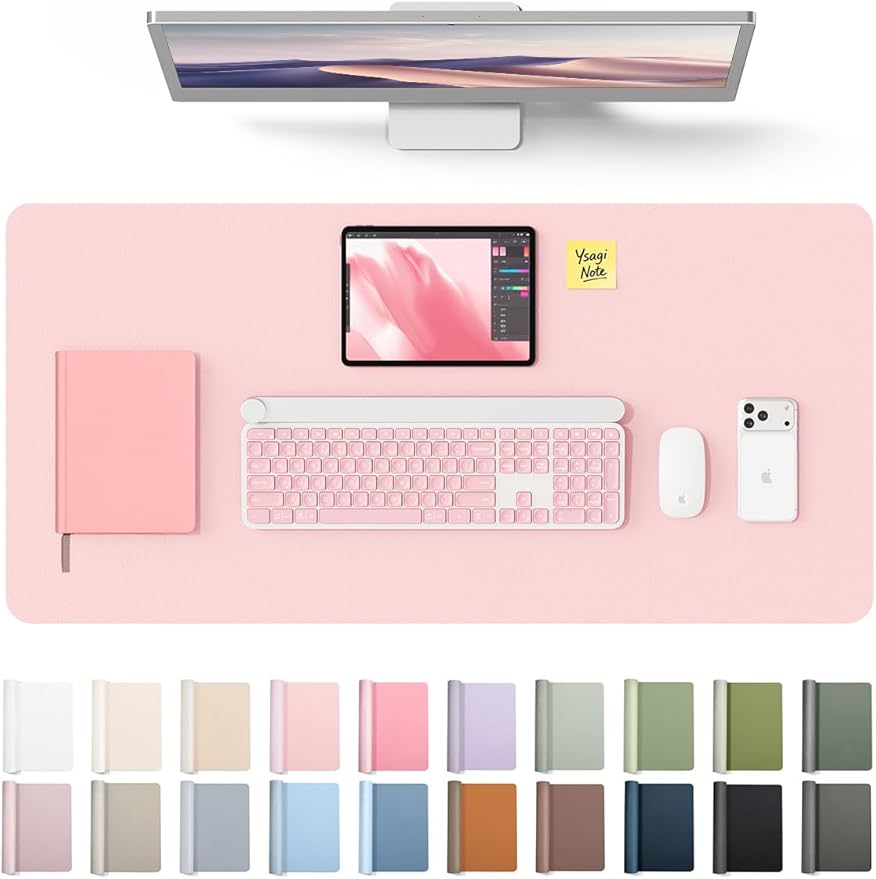 YSAGi Leather Desk Protector, Office Mat, Large Mouse Mat, Non-Slip PU Leather Blotter, Laptop Desk Pad, Waterproof Writing Pad for Office and Home (Light Pink, 35.4" x 17") by YSAGi
