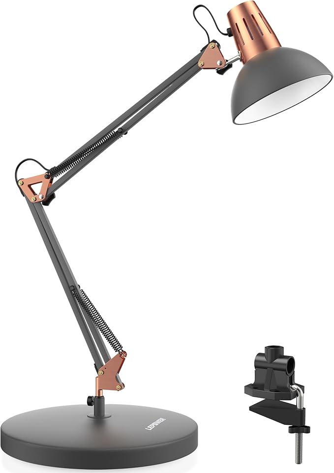 LEPOWER Metal Adjustable Desk Lamp with Clamp, Swing Arm for Home Office | Gooseneck, Architect Style, Eye-Caring Table Lamp, On/Off Switch, E26 Base, Reading for Dorm, Bedroom, Study, Back to School by LEPOWER
