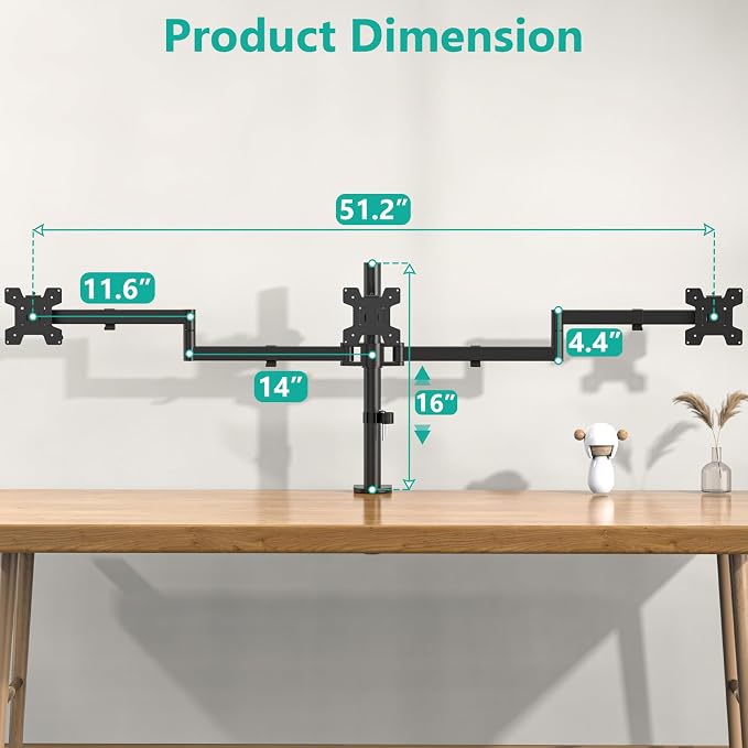 WALI Triple Monitor Mount, 3 Monitor Desk Mount for 13-27 inch Computer Screens, Holds up to 22 lbs, Triple Monitors Stand for Desk, with Tilt, Swivel, Rotation, VESA 75/100mm (M003S), Black - Image 6