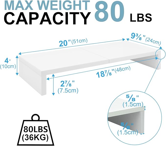 TEAMIX 2 Pack White Monitor Stand Riser - 20 inch, Wooden Desktop Stand for PC/TV/Laptop/Printer, Monitor Riser with Storage, Computer Stand with Keyboard Organizer - Image 3