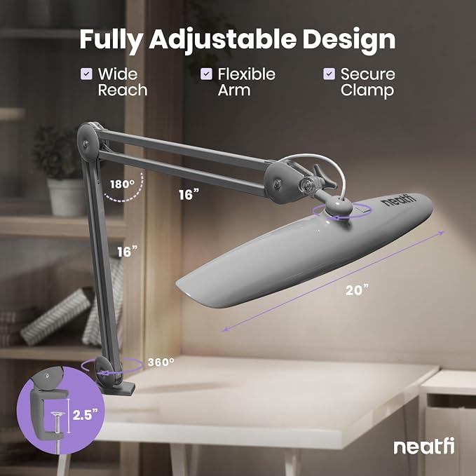 Neatfi XL 2200 Lumens 24W LED Desk Lamp – Shadow-Free Task Lighting | 4-Level Dimming | Home Office & Crafts Use | 20-Inch Wide Head (Silver, Non-CCT with Clamp) - Image 7