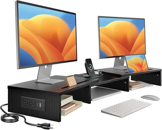 HUANUO Dual Monitor Stand -Monitor Stand with USB ports ,Adjustable Length and Angle, Dual monitor riser w/ Desktop Socket, Monitor Stand Riser for PC, Computer, Laptop (Black) by HUANUO