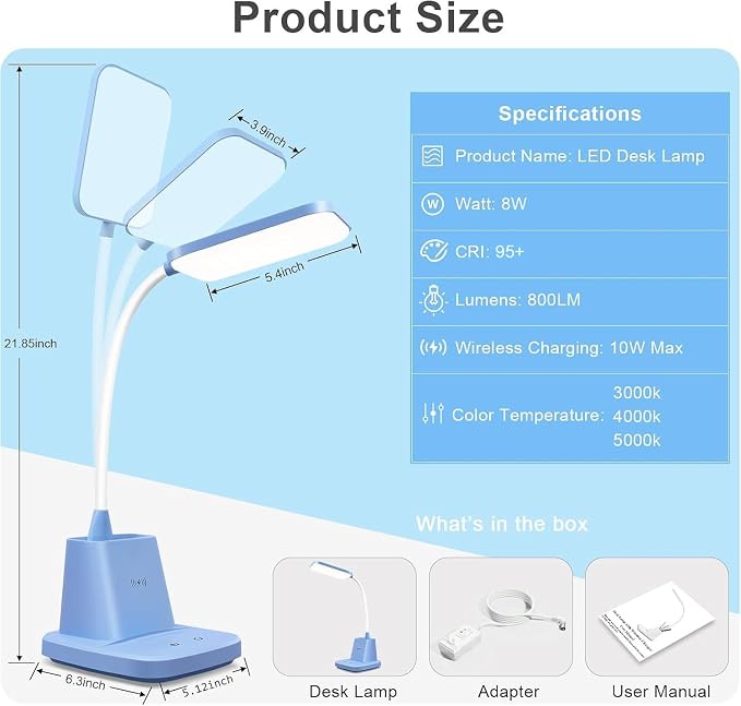 LED Desk Lamp with 10W Wireless Charging & Pen Holder, Blue | CRI 95, 800LM, Stepless Dimming, 3 Modes, 360°Flexible Arm, Touch, Study Table Lamp for Home Office, Dorm Room, with Adapter - Image 6