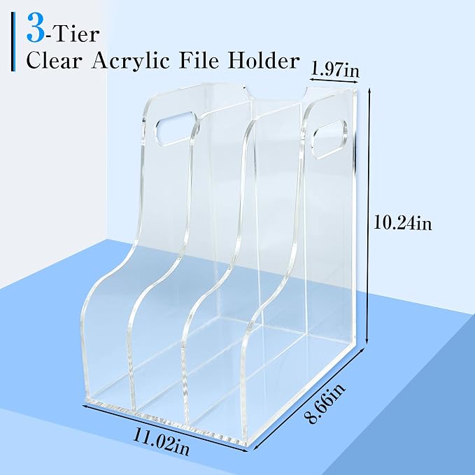 3-Tier Clear Acrylic File Holder, Vertical Document Organizer for Magazines, Binders, Notebooks & Envelopes - Multi-Purpose Desk Storage for Home Office（A4,3 Sections） - Image 2