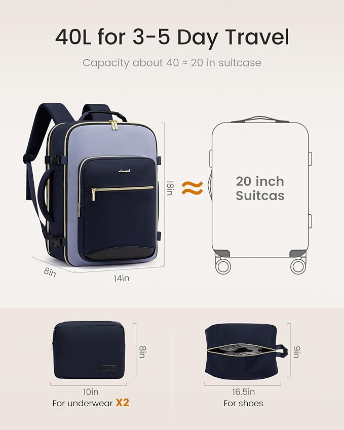 LOVEVOOK Travel Backpack for Women & Men, Airline Approved Carry On Luggage with 3 Packing Cubes, TSA Overnight Bags, Waterproof Personal Item Bag, Weekender Essentials Backpacks fits 17" Laptop - Image 4