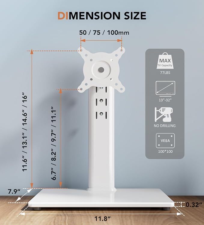 Hemudu Single LCD Computer Monitor Free-Standing Desk Stand Riser for 13 inch to 32 inch Screen with Swivel, Height Adjustable, Rotation, Holds One (1) Screen up to 77Lbs(HT05W-001) White - Image 8